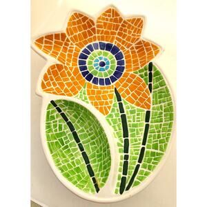 CHIP & DIP/SAUCE-COOKS CLUB-Sunflower-Mosaic-Large-Green-Orange-2 Sections
